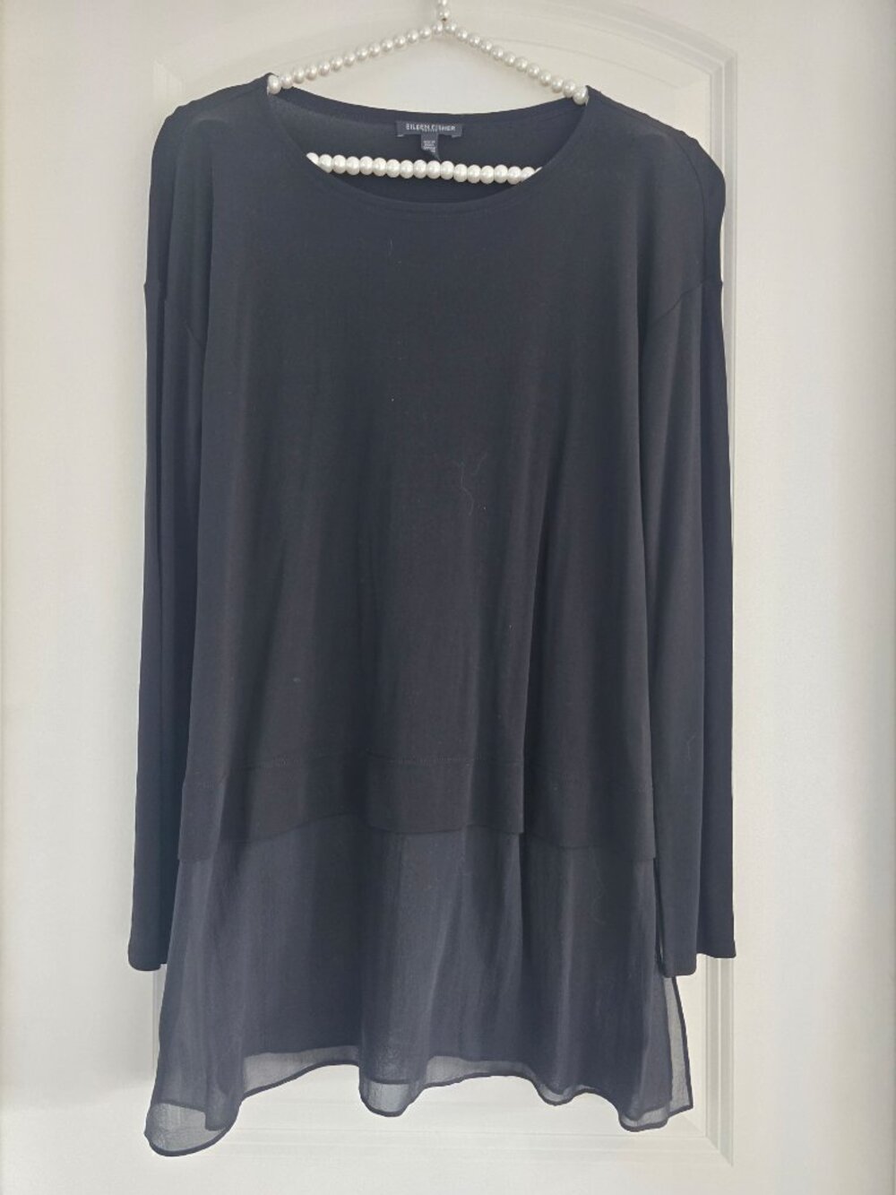 Eileen Fisher Black Silk Jersey Tunic Top with a Sheer Chiffon Hem